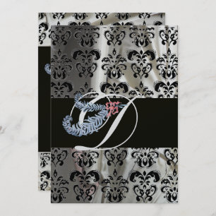 DIAMOND FEATHER SILVER BLACK SILK DAMASK MONOGRAM KAART