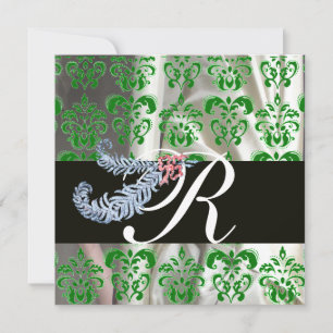 DIAMOND FEATHERS GREEN WHITE SILK DAMASK MONOGRAM KAART