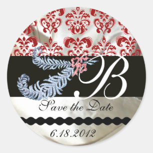 DIAMOND FEATHERS WHITE RED SILK DAMASK MONOGRAM RONDE STICKER