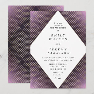 Diamond Geometric Paars Deco Gold Gatsby Wedding Kaart