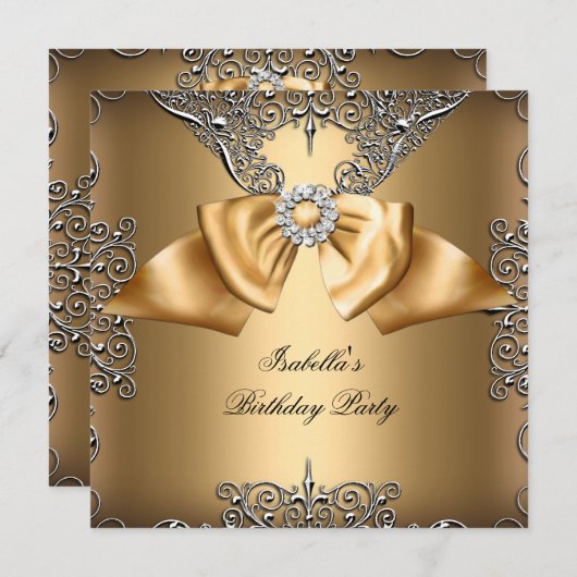 Diamond Gold Beige Bow Silver Elegant Birthday Kaart (Voorkant / Achterkant)