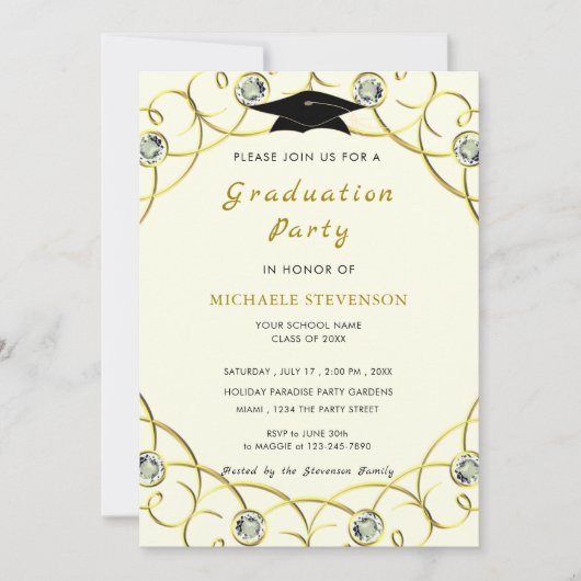 Diamond Gold Elegant Afstuderen Invitation Kaart (Voorkant)
