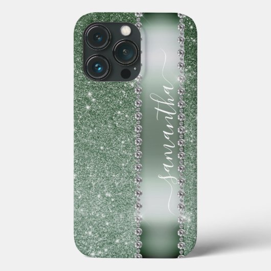 Diamond Green Glitter Calligraphy Monogram Name Case-Mate iPhone Case (Achterkant)