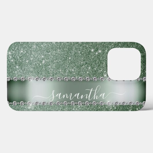 Diamond Green Glitter Calligraphy Monogram Name Case-Mate iPhone Case (Achterkant (horizontaal))