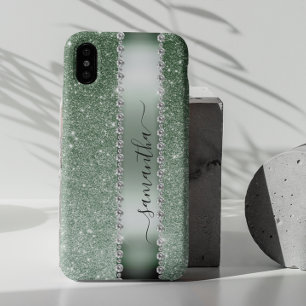 Diamond Groene Nep Glitter Calligrafie Monogram Samsung Galaxy Hoesje