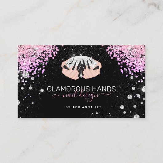 Diamond Hands Pink Glitter Black Nails Nail Tech B Visitekaartje (Voorkant)