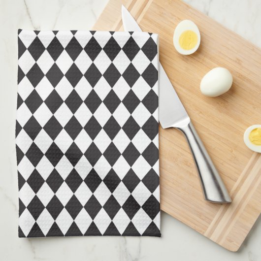 Diamond Harlequin Pattern in Black and White Theedoek (Quarter Fold)