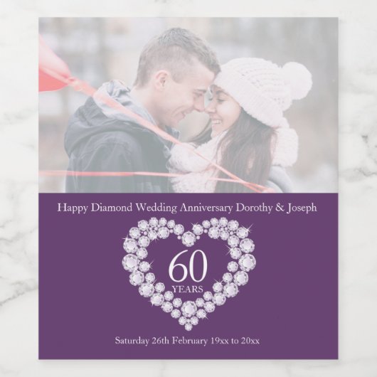 Diamond hart bruiloft 60 jaar gepersonaliseerde fo wijn etiket (Enkel label)