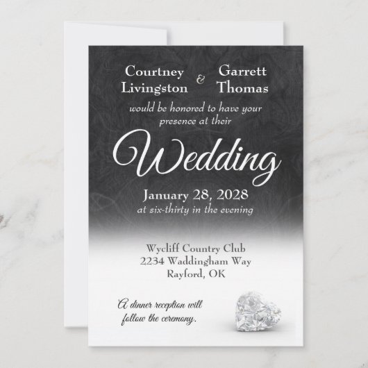 Diamond Hart Elegantie Zwart & Wit Bruiloft Kaart (Voorkant)