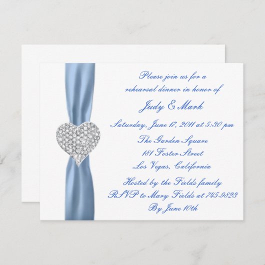 Diamond Heart Blue Rehearsal Dinner Invitation Kaart (Voorkant / Achterkant)