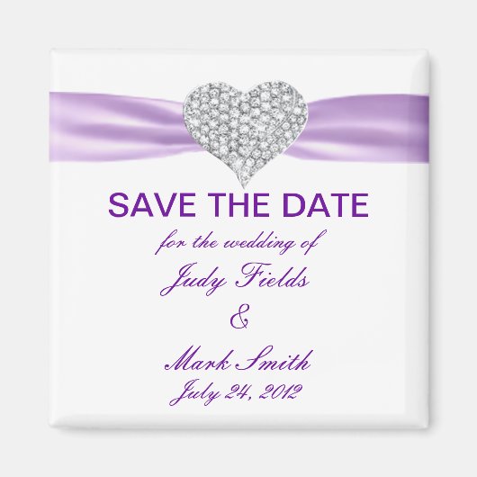 Diamond Heart Paars Wedding Save the Date Magnet Magneet (Voorkant)