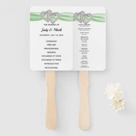 Diamond Hearts Green Wedding Program Fans Handwaaier (Voorkant en achterkant)