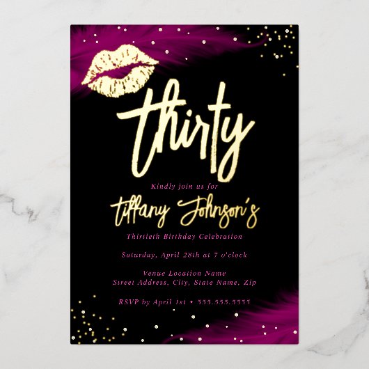 Diamond Heet Roze Goud Kus 30e Verjaardag Folie Uitnodiging (Voorkant)