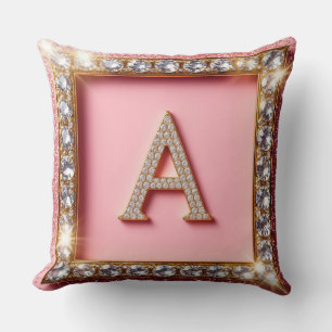Diamond Initiaal A Gouden Frame Roze Glitter Monog Kussen