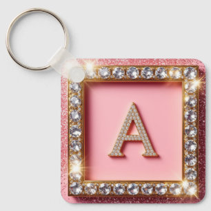 Diamond Initiaal A Gouden Frame Roze Glitter Monog Sleutelhanger