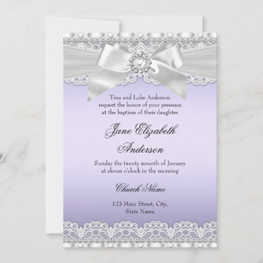 Diamond Lace & Bow Paars Baptism Invite Kaart (Voorkant)