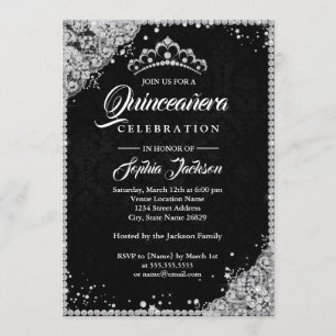 Diamond Lace Glans Zwart Zilver Quinceanera Kaart