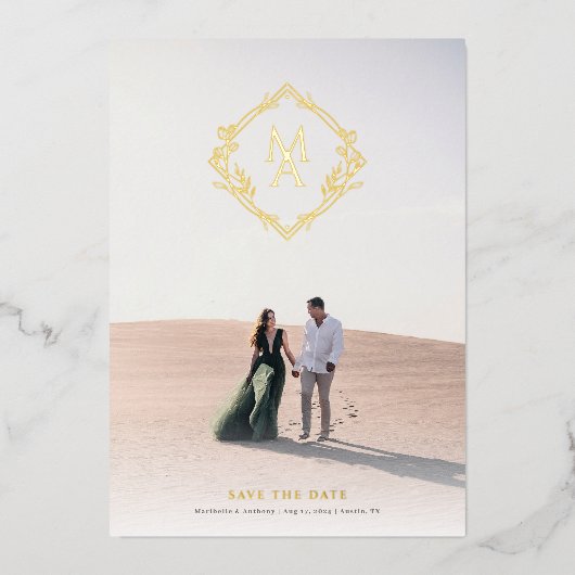 Diamond Monogram met Flowers Gold Save the Date Folie Uitnodiging (Voorkant)