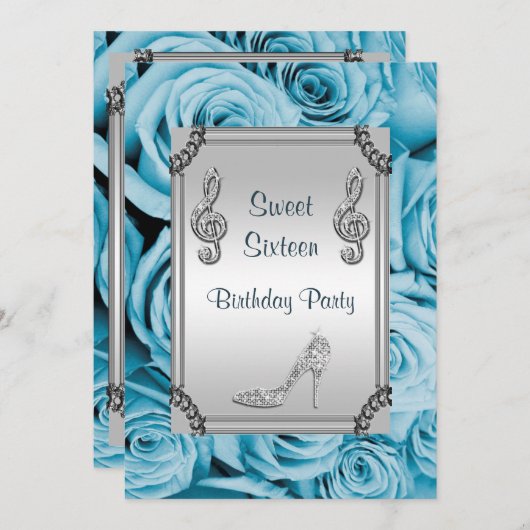 Diamond Music Note, Stiletto & Blue Rozen Sweet 16 Kaart (Voorkant / Achterkant)