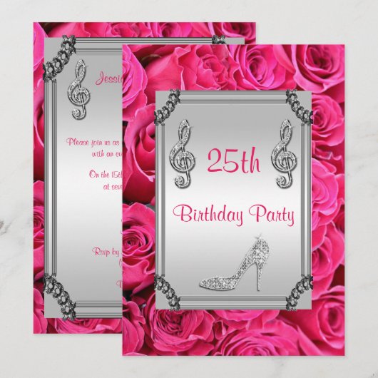 Diamond Music Note, Stiletto & Pink Roses 25ste Kaart (Voorkant / Achterkant)