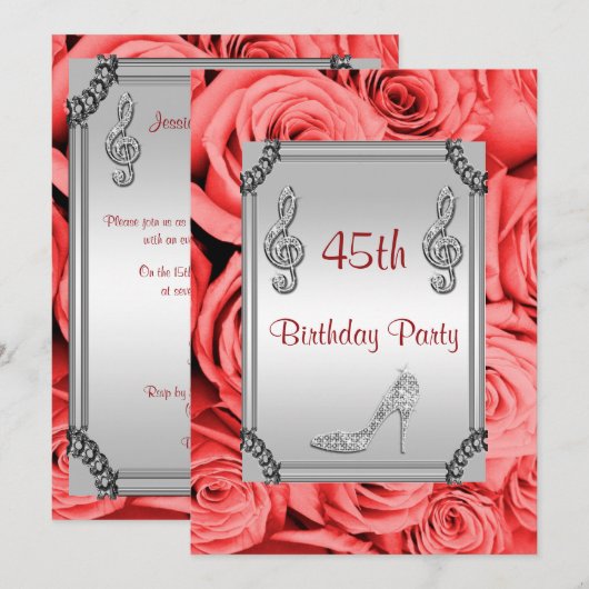 Diamond Music Note, Stiletto & Red Roses 45th Kaart (Voorkant / Achterkant)