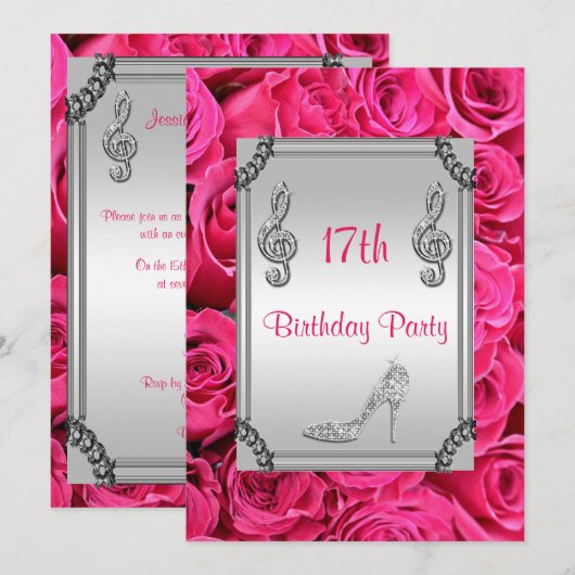 Diamond Music Note, Stiletto & Roze Roses 17th Kaart (Voorkant / Achterkant)