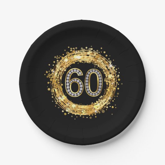 Diamond Number 60 Glitter Bling Confetti | goud Papieren Bordje (Voorkant)