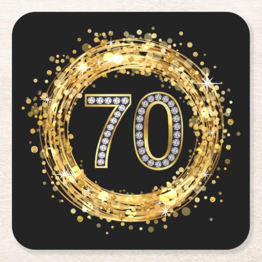 Diamond Number 70 Glitter Bling Confetti | goud Vierkante Kartonnen Onderzetter (Voorkant)