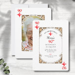 Diamond Playing Card 90th Birthday Invitation<br><div class="desc">Présentation de la "90e carte de jeu d'anniversaire", invitation de la fête. Aussi unique que la belle personne célébrant cet événement marquant spécial. Un design élégant et chic avec une touche art déco. Ajoutez facilement les détails de votre fête et une photo préférée pour appeler famille et amis ensemble pour...</div>