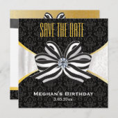 Diamond Ribbon met Damask Pattern Save The Date (Voorkant / Achterkant)