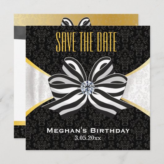 Diamond Ribbon met Damask Pattern Save The Date (Voorkant / Achterkant)