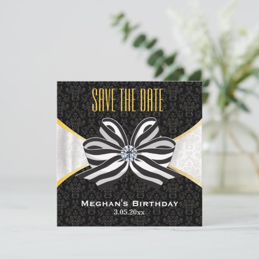 Diamond Ribbon met Damask Pattern Save The Date (Staand voorkant)