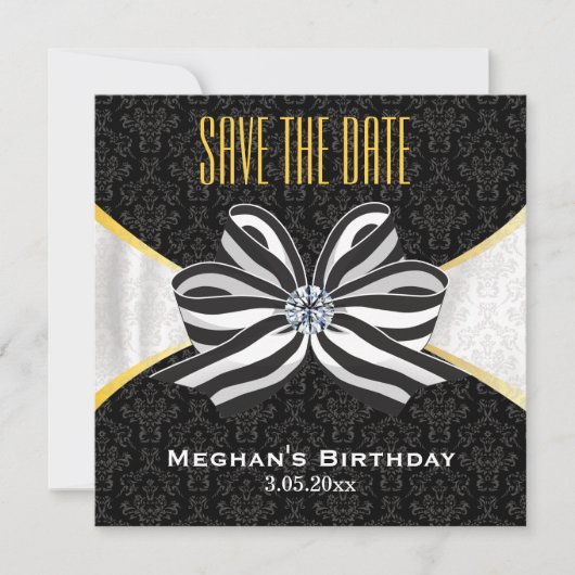 Diamond Ribbon met Damask Pattern Save The Date (Voorkant)