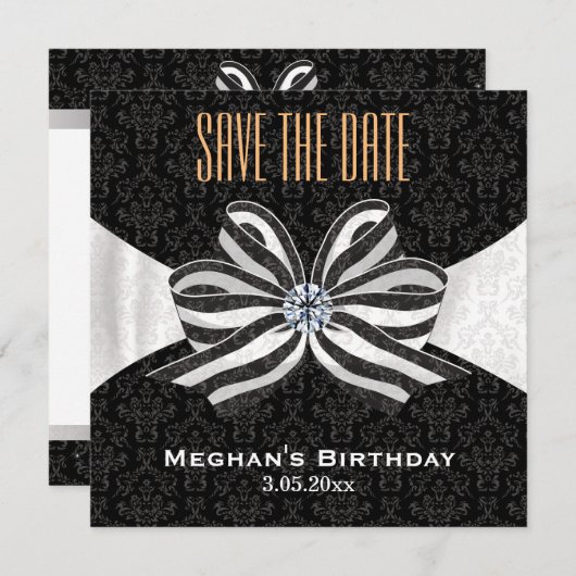 Diamond Ribbon met Damask Pattern Variatie Save The Date (Voorkant / Achterkant)