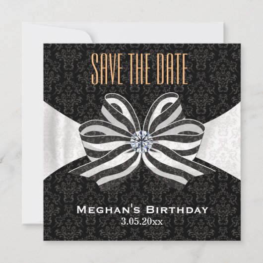 Diamond Ribbon met Damask Pattern Variatie Save The Date (Voorkant)