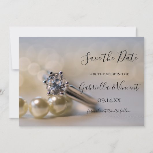 Diamond Ring White Pearls Wedding Save the Date (Voorkant)