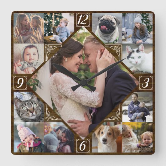 Diamond Shaped Family Foto Collage Rustic Dk Wood Vierkante Klok (Voorkant)