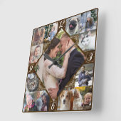 Diamond Shaped Family Foto Collage Rustic Dk Wood Vierkante Klok (Hoek)
