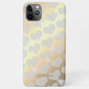 Diamond Small Heart Pattern, DIY Name, Gold iPhone 11 Pro Max Hoesje