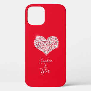 Diamond Sparkle Heart, White Script Names, Red iPhone 12 Hoesje