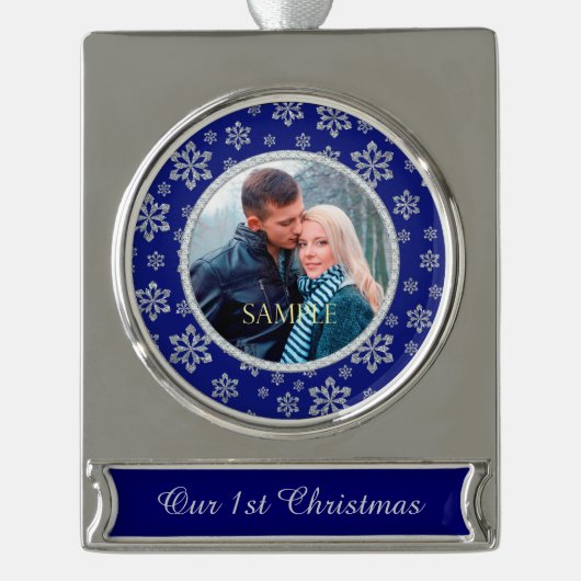 Diamond Sparkle Snowflake Blue First Kerstmis Verzilverd Banner Ornament (Voorkant)