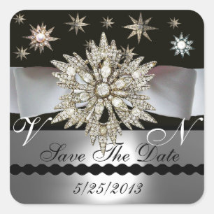 DIAMOND STARS BLACK WHITE RIBBON MONOGRAM VIERKANTE STICKER