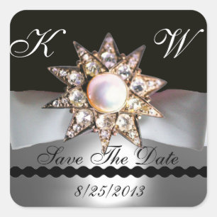 DIAMOND STARS BLACK WHITE RIBBON MONOGRAM VIERKANTE STICKER