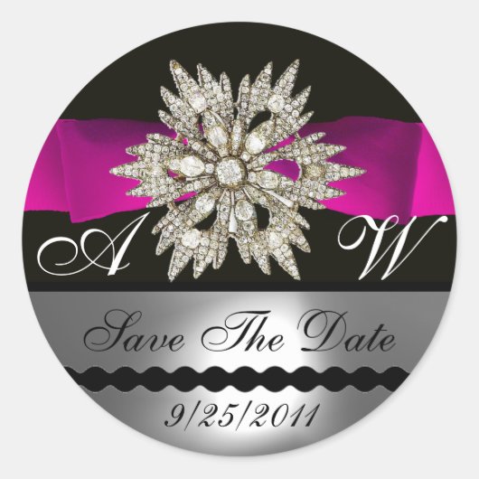 DIAMOND STARS BLACK WHITPINK RIBBON MONOGRAM RONDE STICKER (Voorkant)