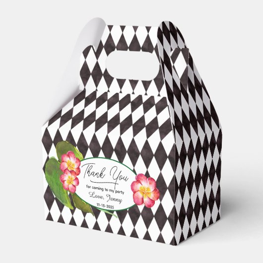 Diamond Tegel zwart-wit met tropische bloemen Bedankdoosjes (Voorkant Zijde)