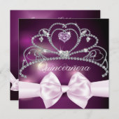 Diamond Tiara Pink Bow Quinceañera Uitnodiging (Voorkant / Achterkant)