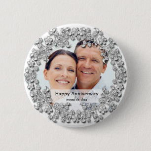 Diamond trouwdag met foto's ronde button 5,7 cm