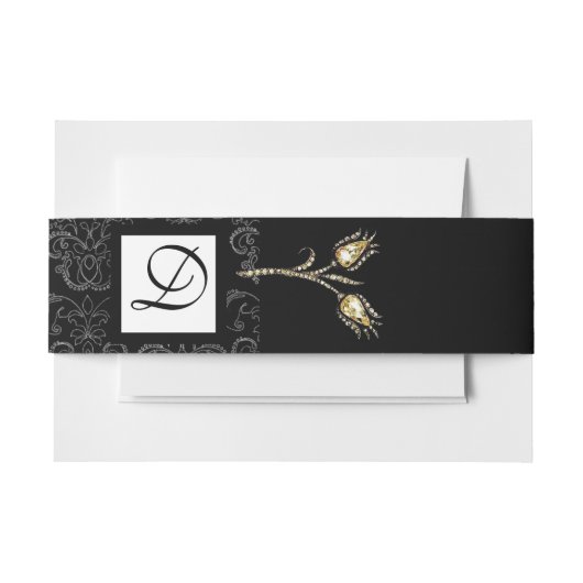 DIAMOND TULIPS Black White Damask Square Monogram Uitnodigingen Wikkel (Voorkant Voorbeeld)