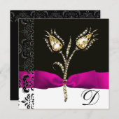 DIAMOND TULIPS, Roze zwart-wit Damask-monogram Aankondiging (Voorkant / Achterkant)