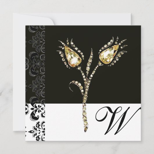 DIAMOND TULIPS-, zwart- en gouddamesmonogram Aankondiging (Voorkant)